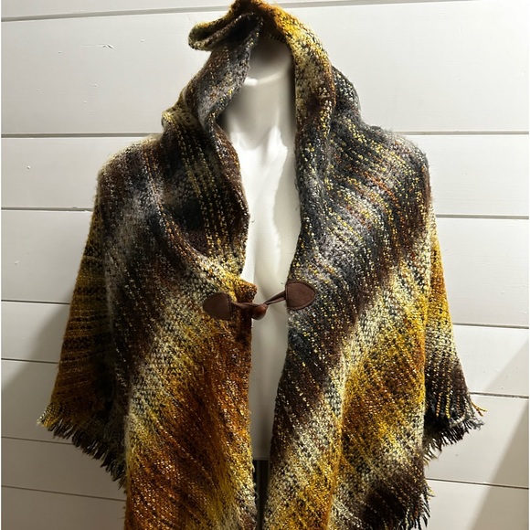 Shawl Multi Color Button Front One Size Brown Black Yellow Orange - Picture 2 of 16